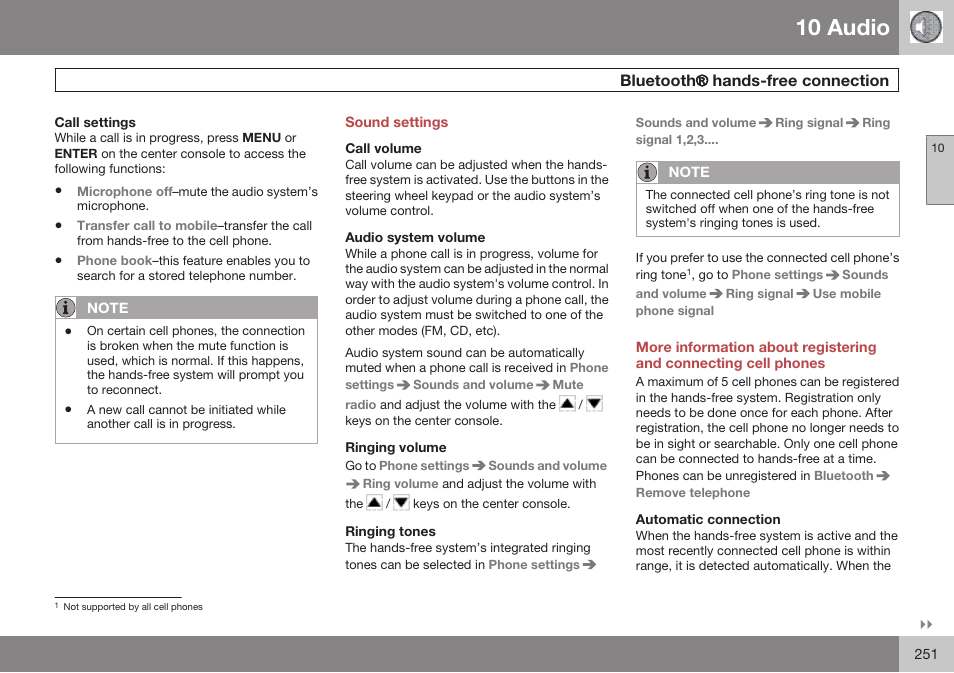 Call settings, Sound settings, Call volume | Audio system volume, Ringing volume, Ringing tones, Automatic connection, 10 audio | Volvo 2009 C70 User Manual | Page 251 / 278