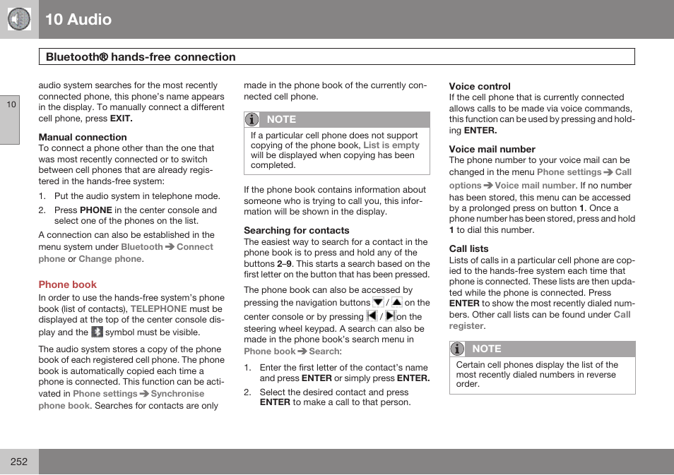 Manual connection, Phone book, Searching for contacts | Voice control, Voice mail number, Call lists, 10 audio, Bluetooth ® hands-free connection | Volvo 2009 C70 User Manual | Page 252 / 278