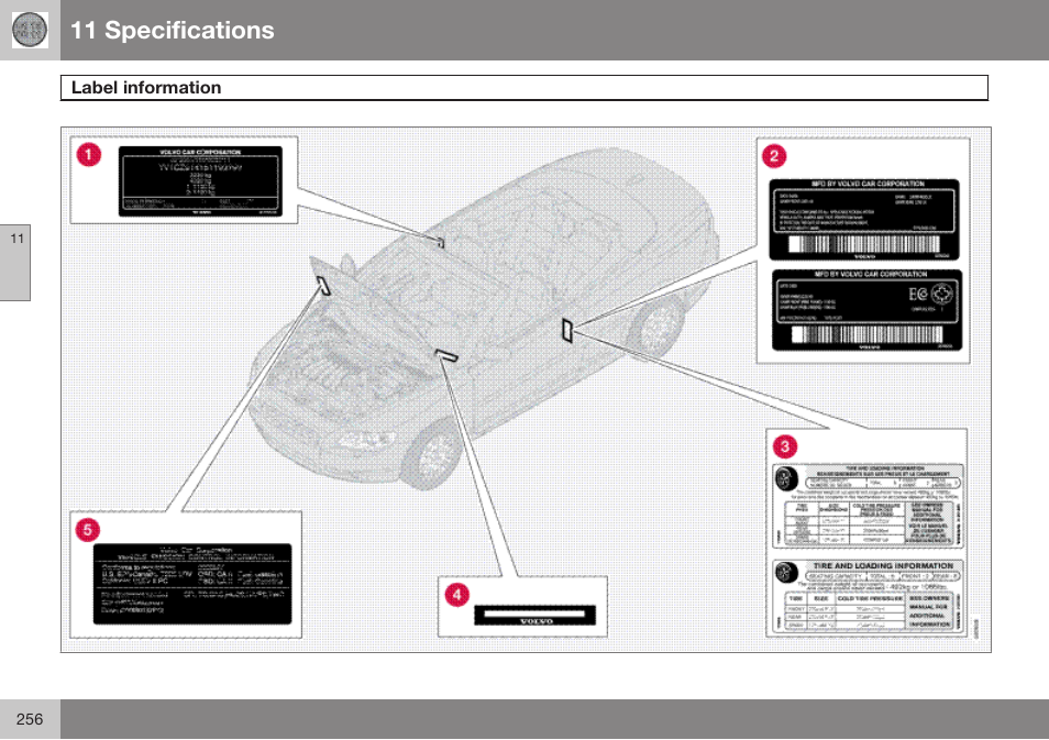 Specifications, Label information, 11 specifications | Volvo 2009 C70 User Manual | Page 256 / 278