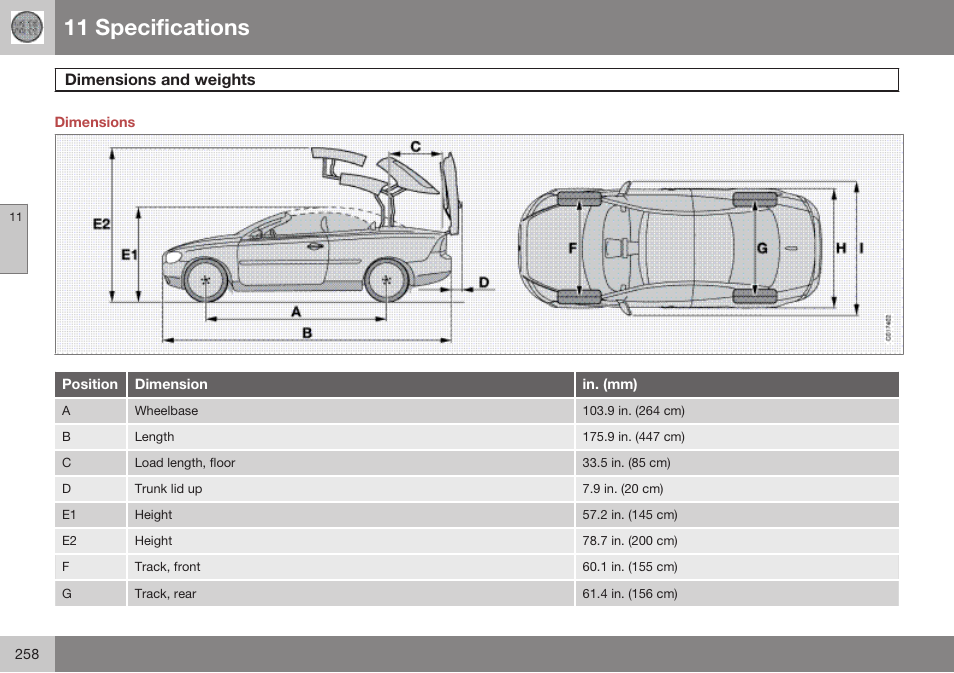 Dimensions, Dimensions and weights, 11 specifications | Volvo 2009 C70 User Manual | Page 258 / 278