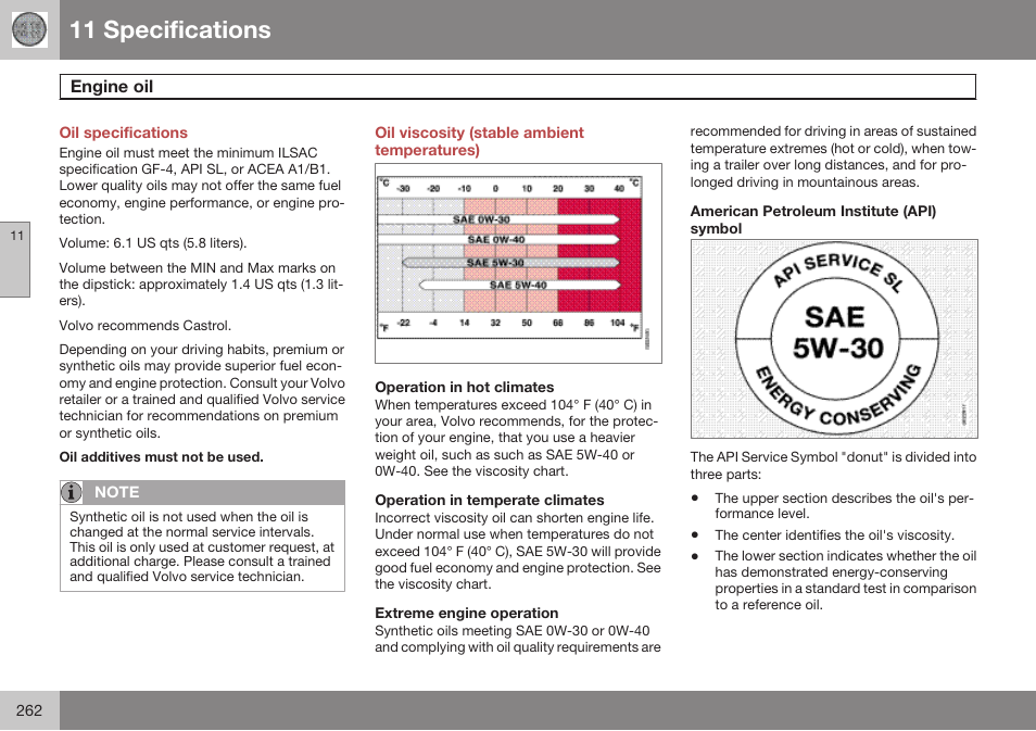 Oil specifications, Engine oil, Oil viscosity (stable ambient temperatures) | Operation in hot climates, Operation in temperate climates, Extreme engine operation, American petroleum institute (api) symbol, 11 specifications | Volvo 2009 C70 User Manual | Page 262 / 278