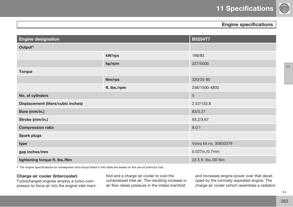 Engine specifications, 11 specifications | Volvo 2009 C70 User Manual | Page 263 / 278