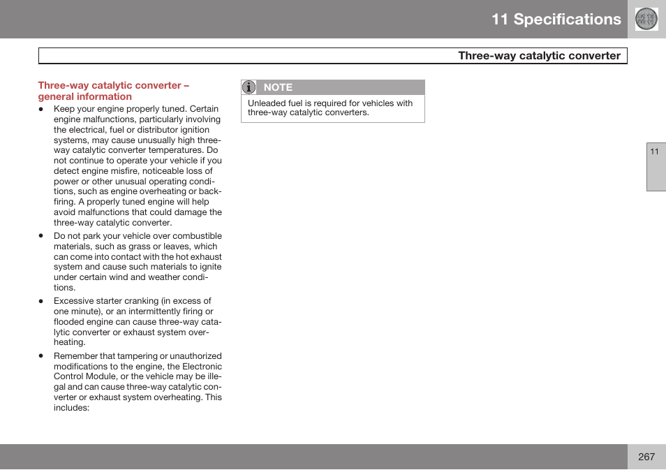Three-way catalytic converter, 11 specifications | Volvo 2009 C70 User Manual | Page 267 / 278