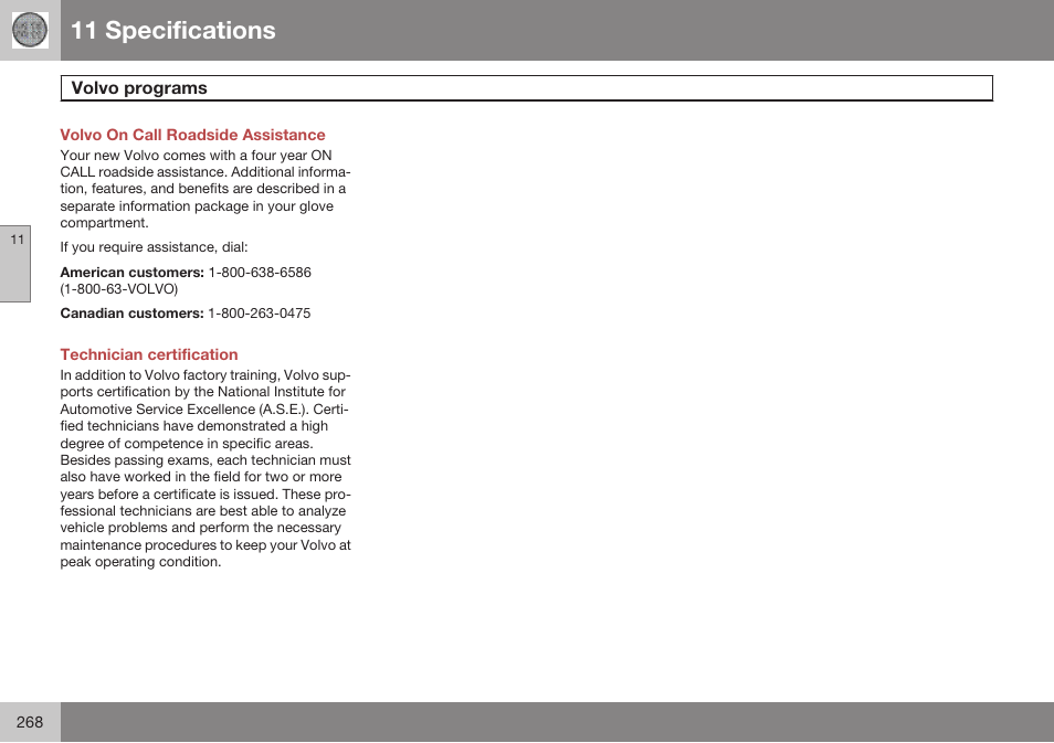 Volvo on call roadside assistance, Volvo programs, Technician certification | 11 specifications | Volvo 2009 C70 User Manual | Page 268 / 278