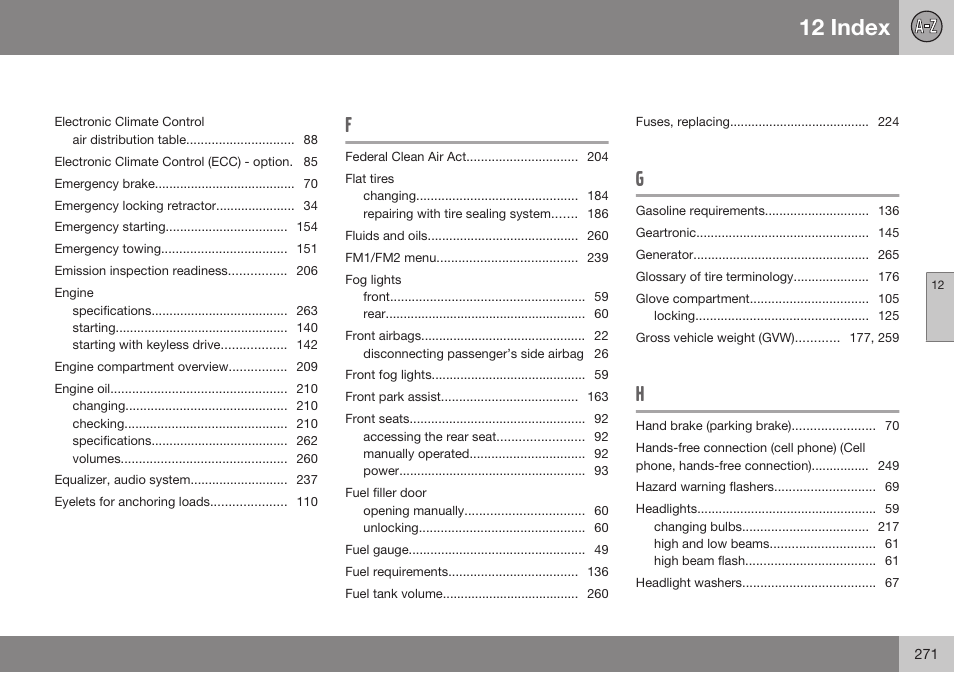 12 index | Volvo 2009 C70 User Manual | Page 271 / 278