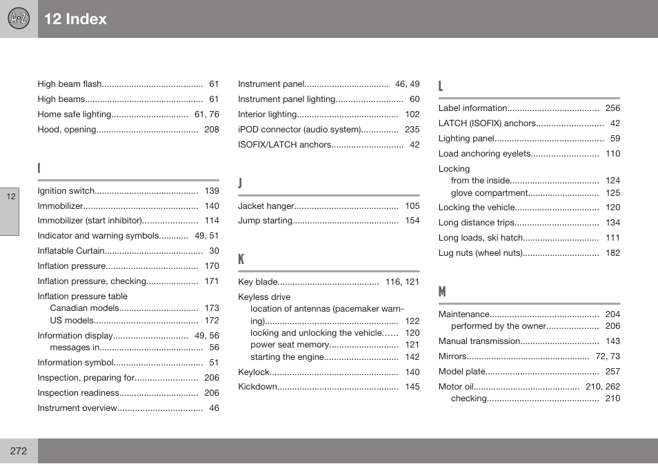 12 index | Volvo 2009 C70 User Manual | Page 272 / 278