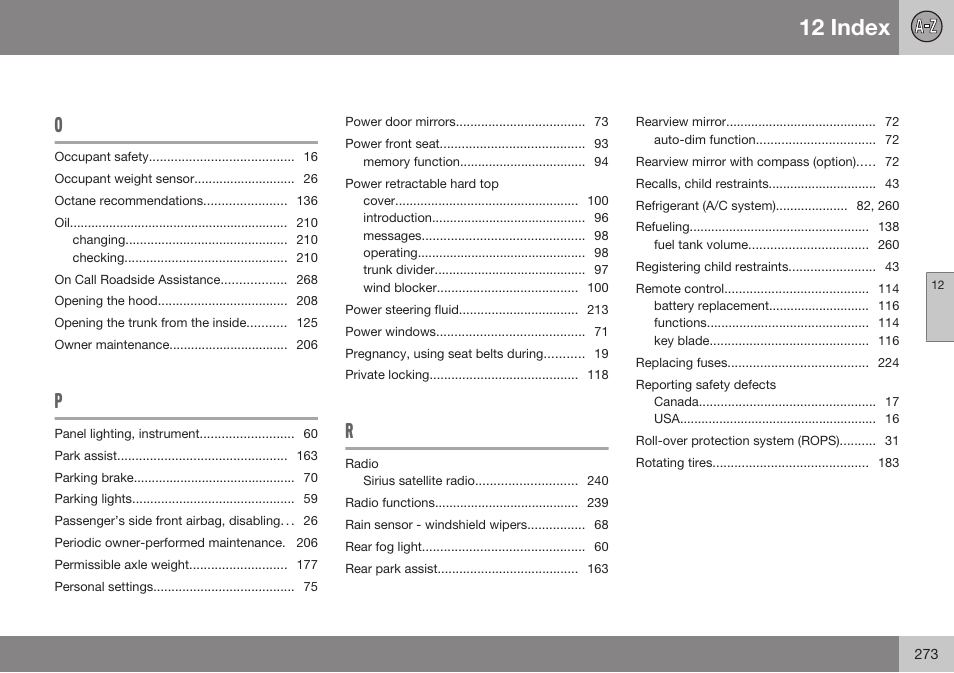 12 index | Volvo 2009 C70 User Manual | Page 273 / 278
