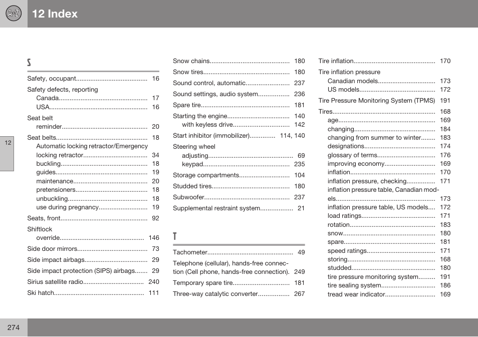 12 index | Volvo 2009 C70 User Manual | Page 274 / 278