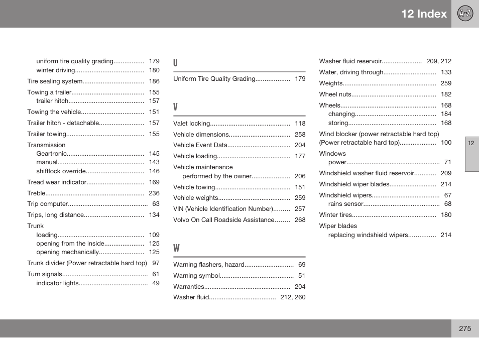 12 index | Volvo 2009 C70 User Manual | Page 275 / 278