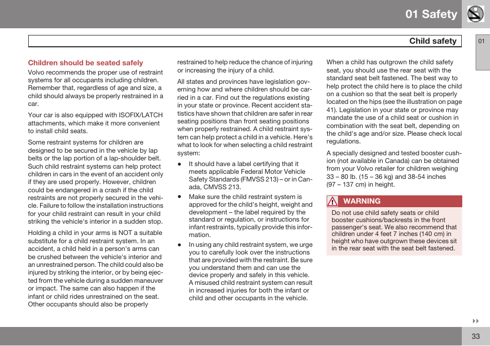 Children should be seated safely, Child safety, 01 safety | Volvo 2009 C70 User Manual | Page 33 / 278
