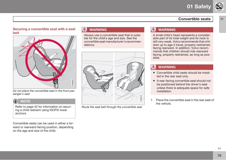 Securing a convertible seat with a seat belt, Convertible seats, 01 safety | Volvo 2009 C70 User Manual | Page 39 / 278