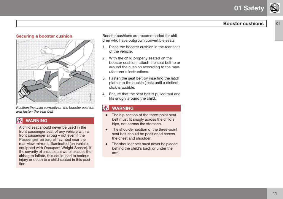 Securing a booster cushion, Booster cushions, 01 safety | Volvo 2009 C70 User Manual | Page 41 / 278