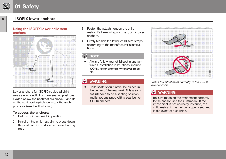 Using the isofix lower child seat anchors, Isofix lower anchors, 01 safety | Volvo 2009 C70 User Manual | Page 42 / 278