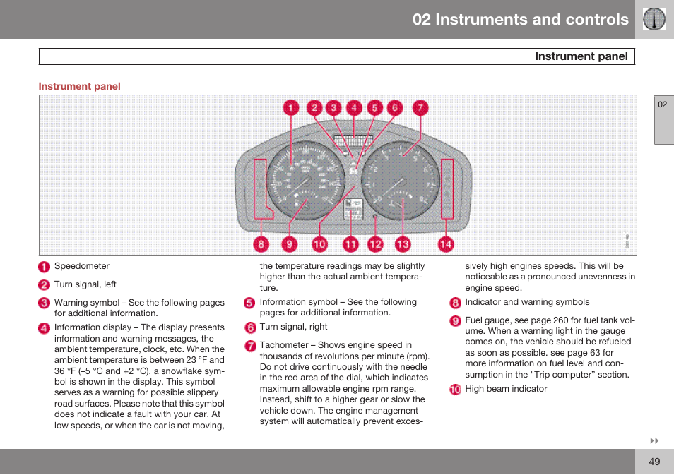 Instrument panel, 02 instruments and controls | Volvo 2009 C70 User Manual | Page 49 / 278
