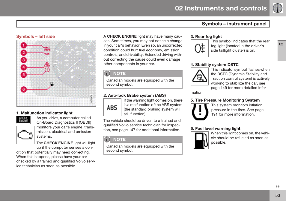 Symbols – left side, Symbols – instrument panel, 02 instruments and controls | Volvo 2009 C70 User Manual | Page 53 / 278