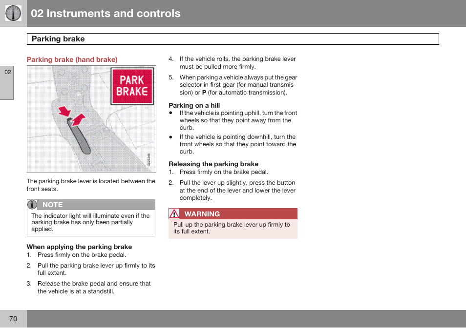 Parking brake (hand brake), Parking brake, 02 instruments and controls | Volvo 2009 C70 User Manual | Page 70 / 278