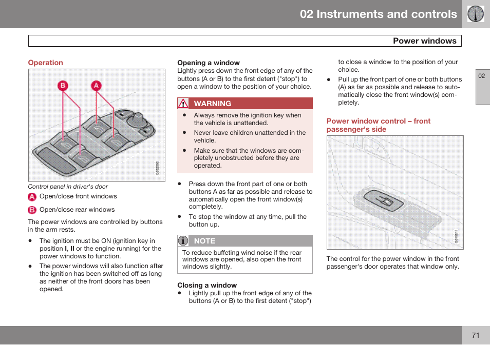 Operation, Power windows, Power window control – front passenger's side | 02 instruments and controls | Volvo 2009 C70 User Manual | Page 71 / 278