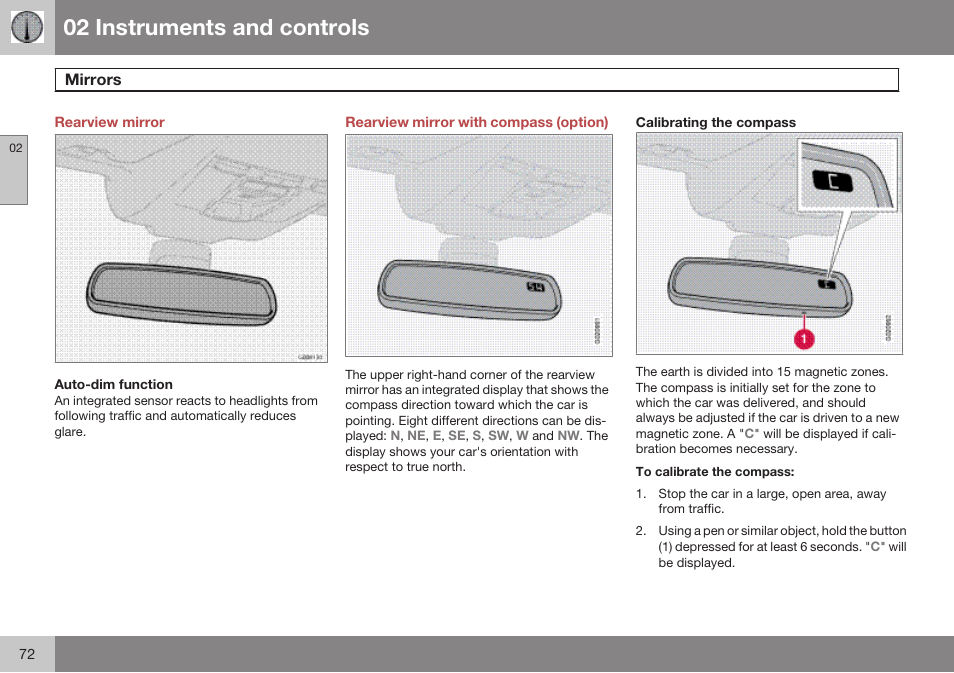 Rearview mirror, Mirrors, Rearview mirror with compass (option) | Calibrating the compass, 02 instruments and controls | Volvo 2009 C70 User Manual | Page 72 / 278