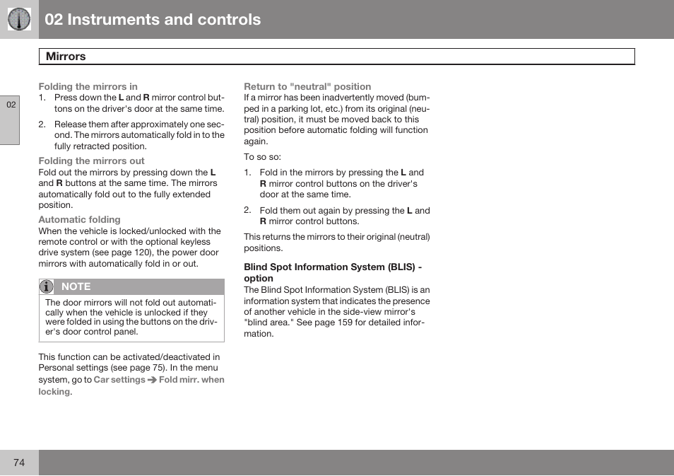 Blind spot information system (blis) - option, 02 instruments and controls | Volvo 2009 C70 User Manual | Page 74 / 278
