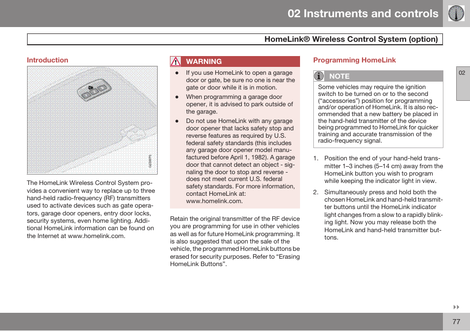 Introduction, Homelink® wireless control system (option), Programming homelink | 02 instruments and controls | Volvo 2009 C70 User Manual | Page 77 / 278
