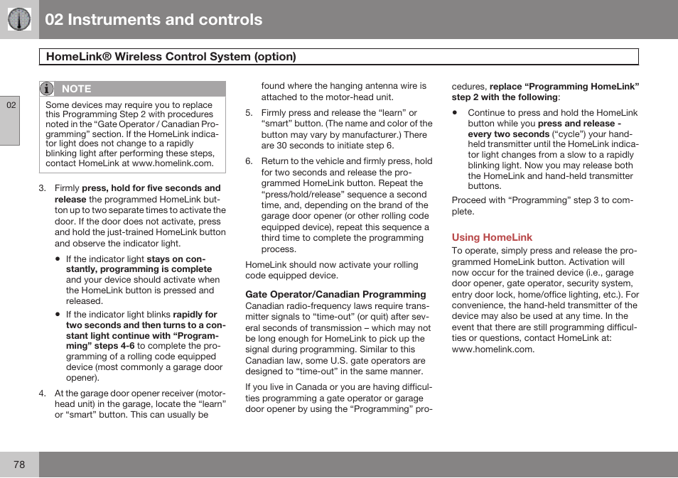 Gate operator/canadian programming, Using homelink, 02 instruments and controls | Volvo 2009 C70 User Manual | Page 78 / 278