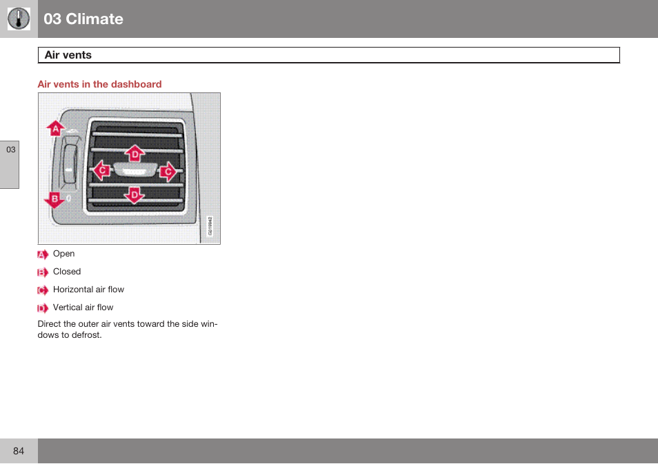 Air vents in the dashboard, Air vents, 03 climate | Volvo 2009 C70 User Manual | Page 84 / 278