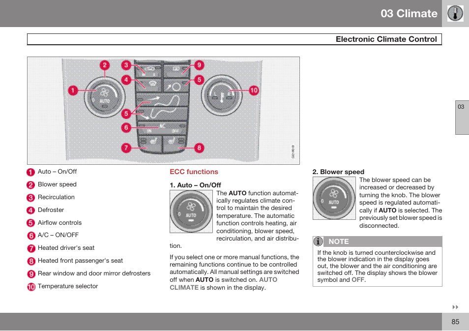 Electronic climate control, Ecc functions, Auto – on/off | Blower speed, 03 climate | Volvo 2009 C70 User Manual | Page 85 / 278