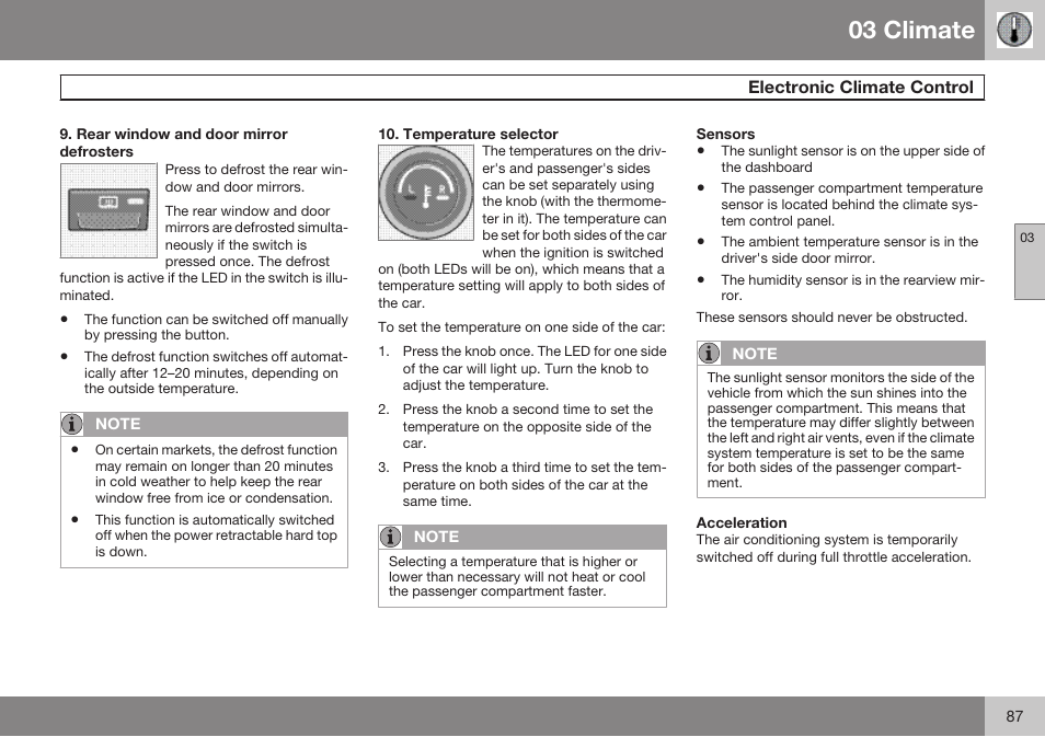Rear window and door mirror defrosters, Temperature selector, Sensors | Acceleration, 03 climate | Volvo 2009 C70 User Manual | Page 87 / 278
