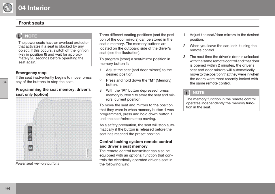 Emergency stop, 04 interior, Front seats | Volvo 2009 C70 User Manual | Page 94 / 278