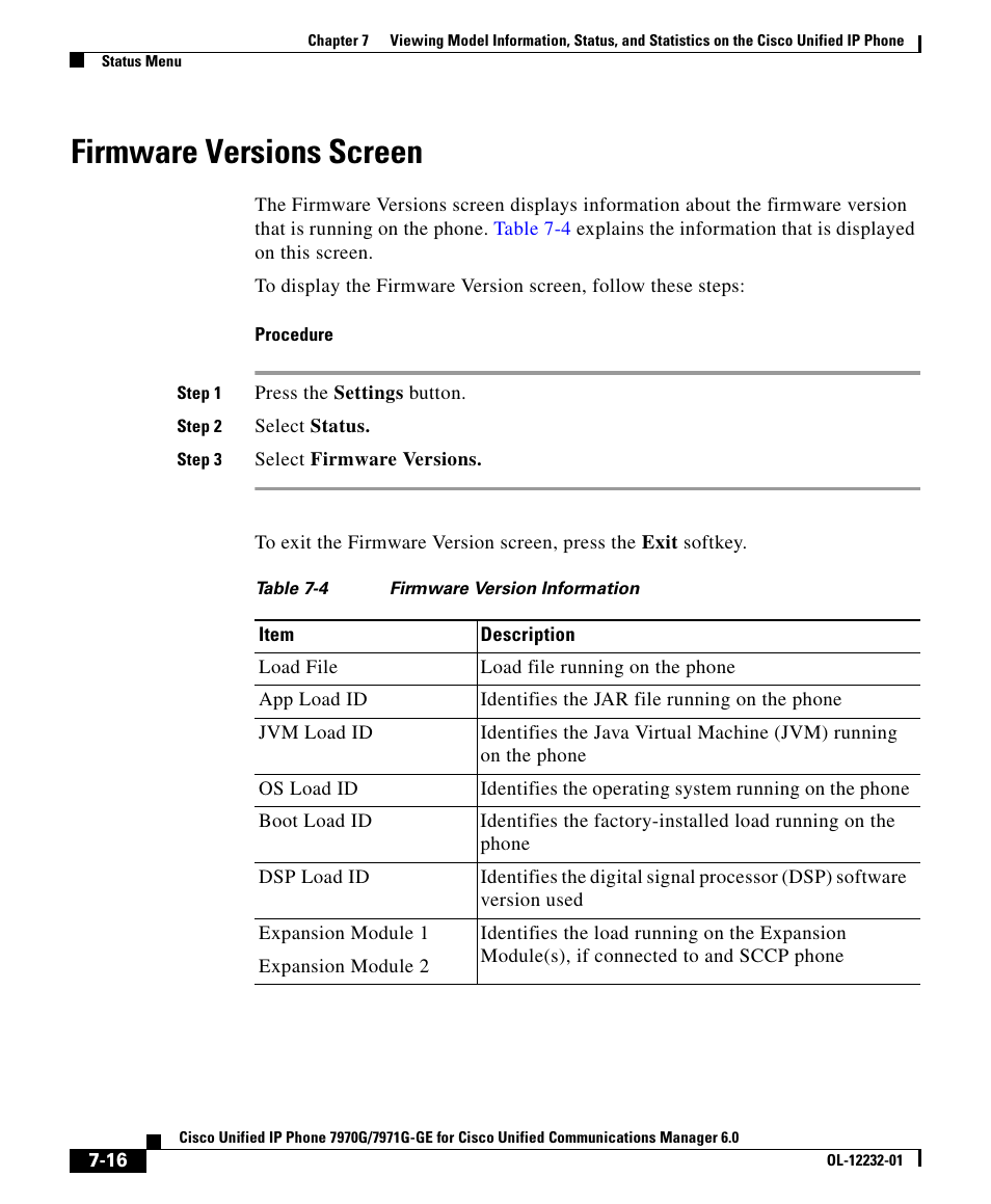 Firmware versions screen | Cisco 7971G-GE User Manual | Page 16 / 22