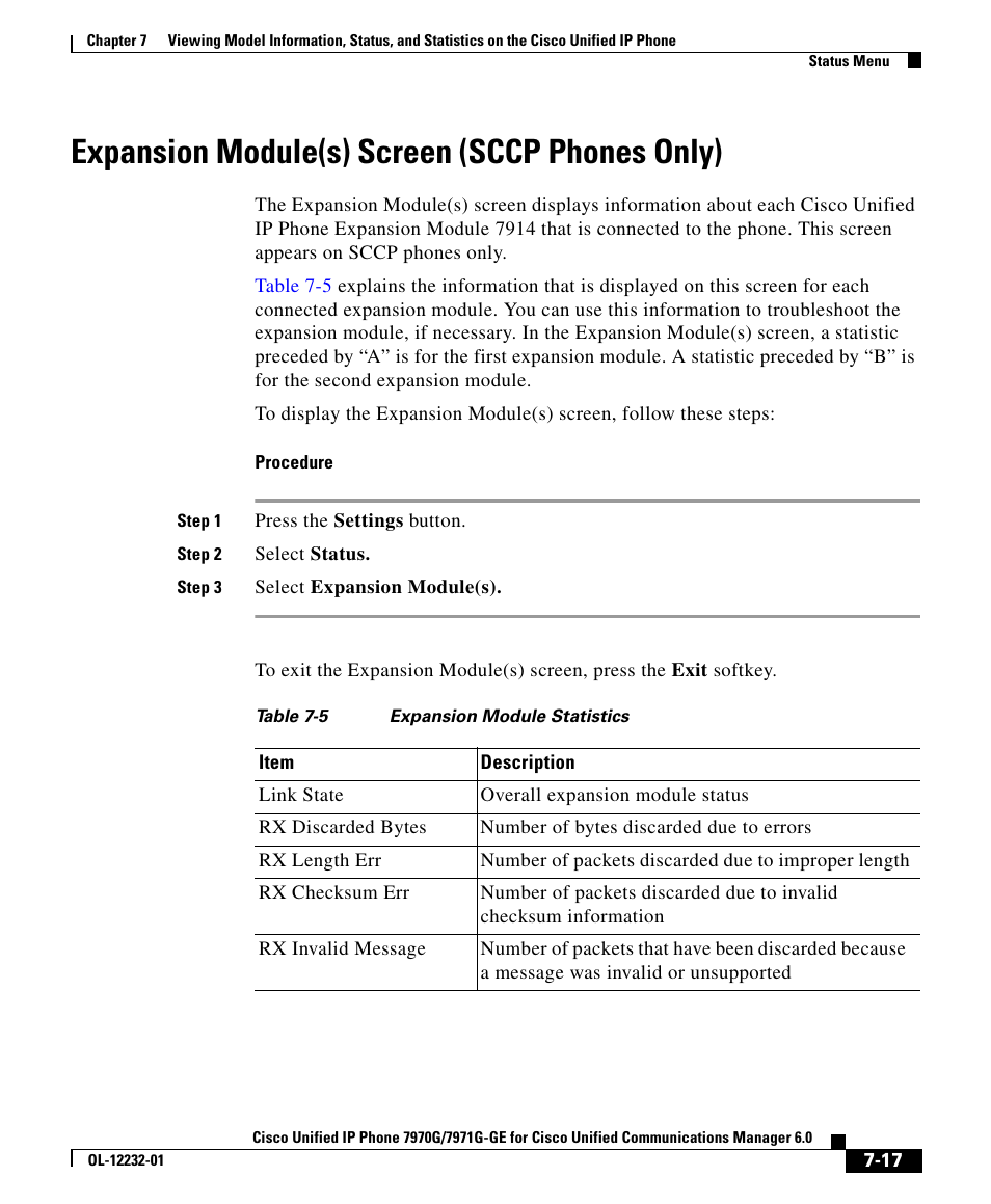 Expansion module(s) screen (sccp phones only) | Cisco 7971G-GE User Manual | Page 17 / 22