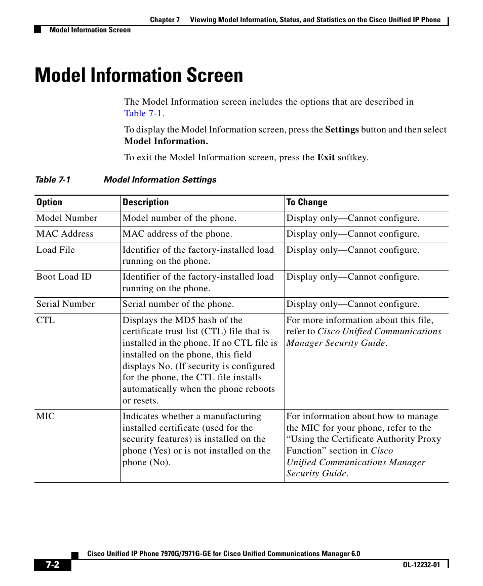 Model information screen | Cisco 7971G-GE User Manual | Page 2 / 22