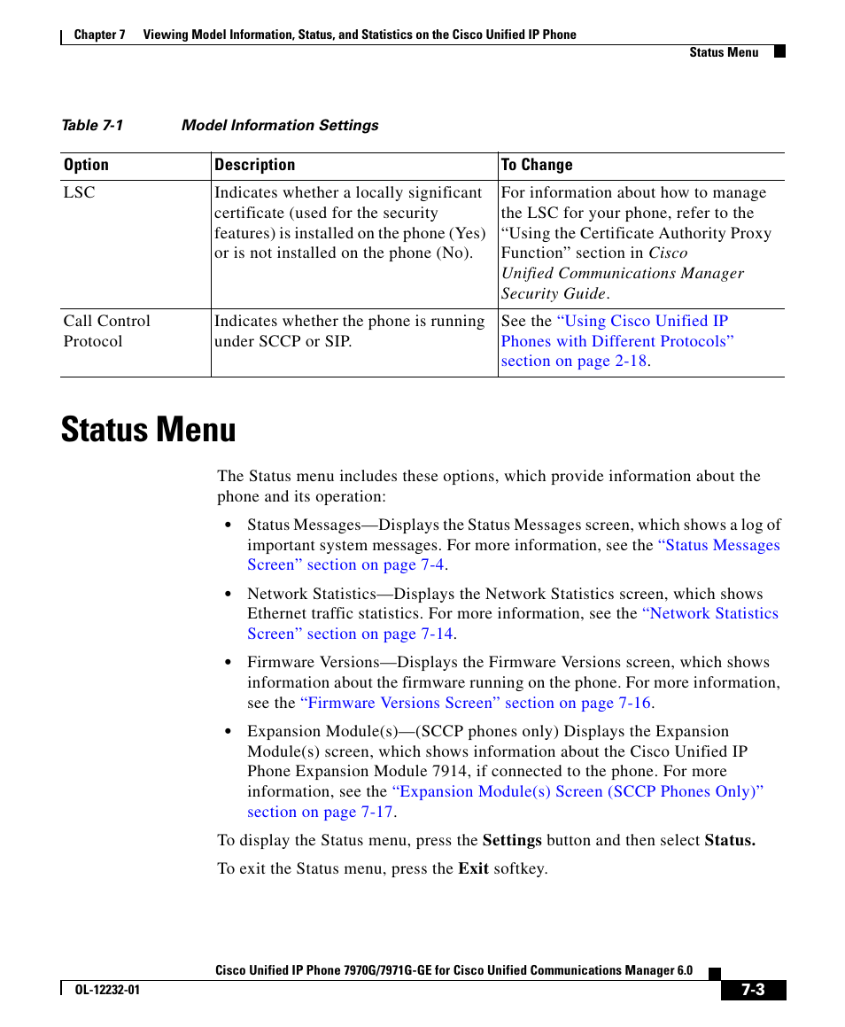 Status menu | Cisco 7971G-GE User Manual | Page 3 / 22