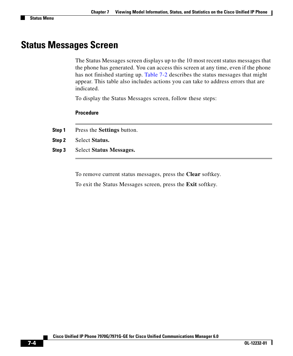 Status messages screen, Status messages | Cisco 7971G-GE User Manual | Page 4 / 22