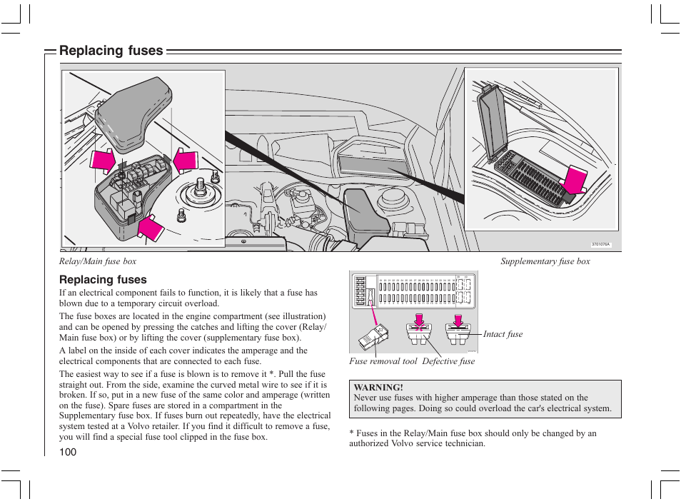 Replacing fuses | Volvo 2005 C70 User Manual | Page 106 / 210