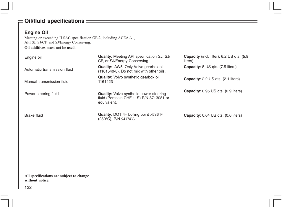 Oil/fluid specifications | Volvo 2005 C70 User Manual | Page 138 / 210