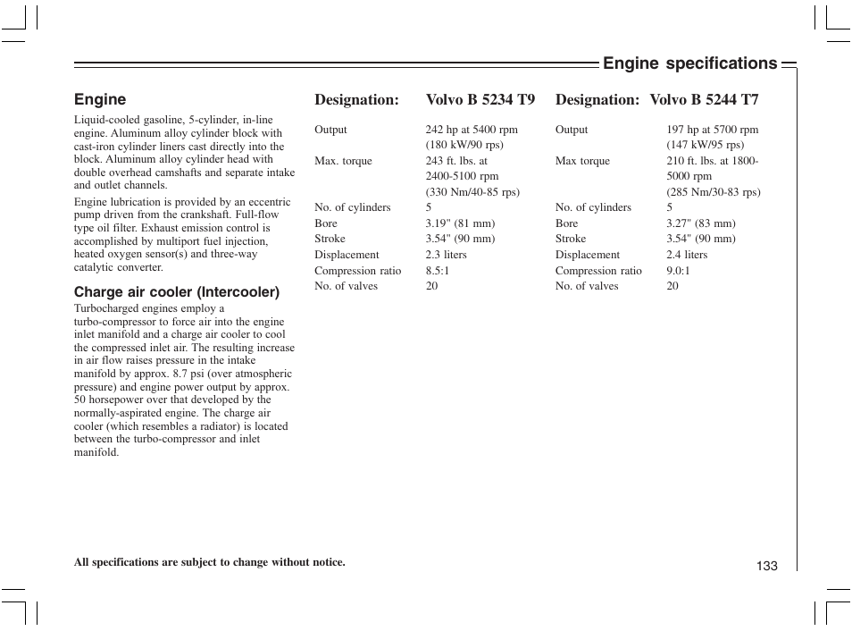 Engine specifications, Engine | Volvo 2005 C70 User Manual | Page 139 / 210
