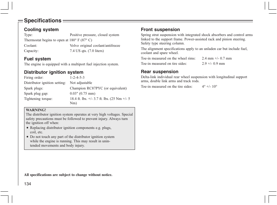 Specifications | Volvo 2005 C70 User Manual | Page 140 / 210