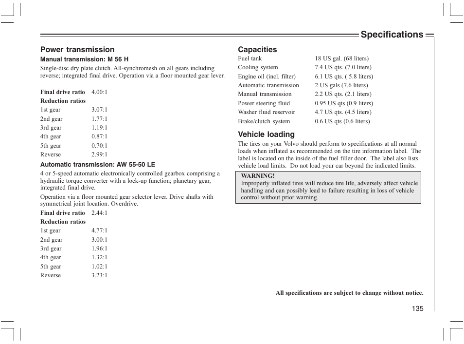 Specifications | Volvo 2005 C70 User Manual | Page 141 / 210