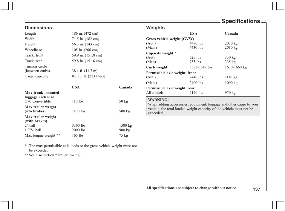 Specifications | Volvo 2005 C70 User Manual | Page 143 / 210