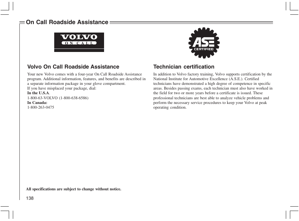 On call roadside assistance | Volvo 2005 C70 User Manual | Page 144 / 210