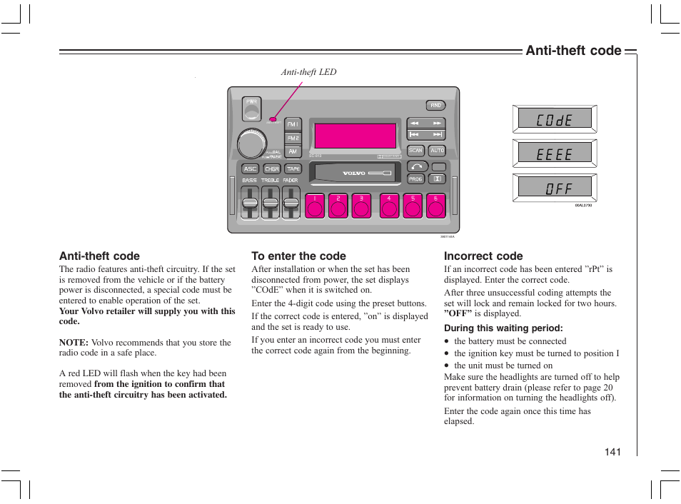 Anti-theft code, Incorrect code | Volvo 2005 C70 User Manual | Page 147 / 210