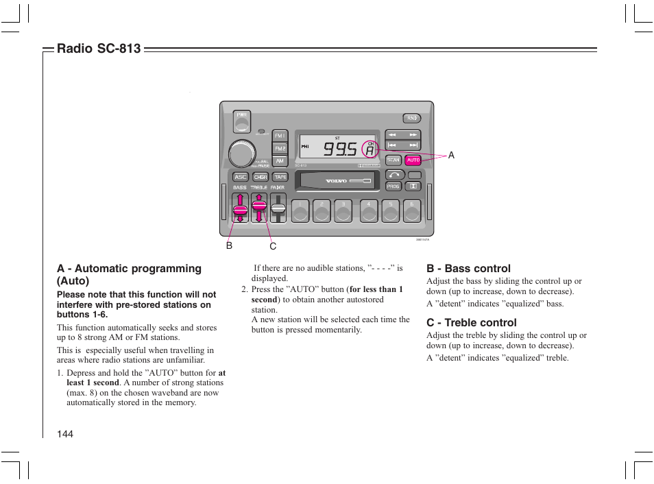 Radio sc-813, A - automatic programming (auto), B - bass control | C - treble control | Volvo 2005 C70 User Manual | Page 150 / 210