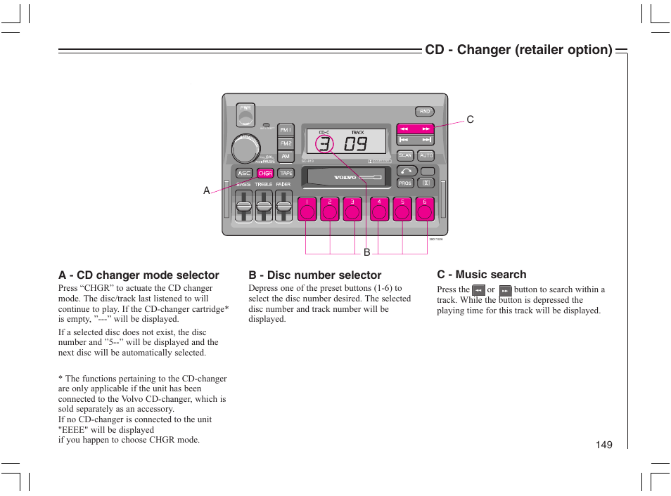 Cd - changer (retailer option), A - cd changer mode selector, B - disc number selector | C - music search | Volvo 2005 C70 User Manual | Page 155 / 210