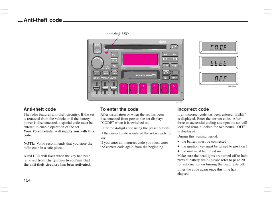 Anti-theft code, Incorrect code | Volvo 2005 C70 User Manual | Page 160 / 210