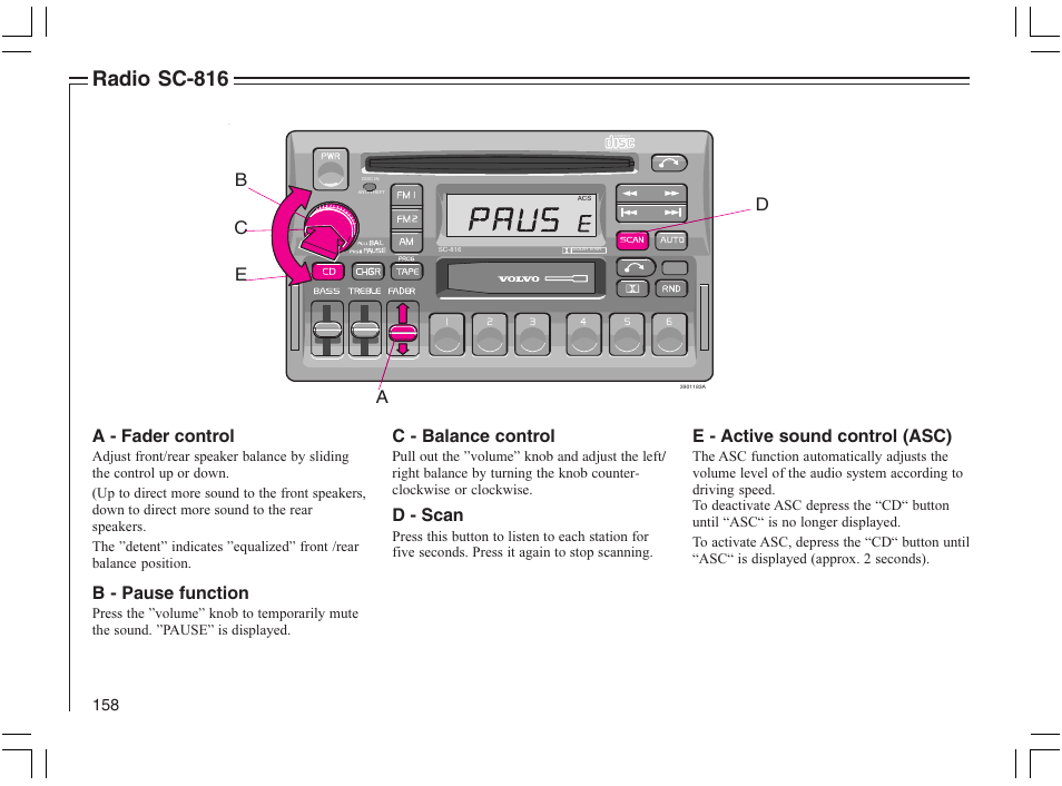 Radio sc-816, Ab e c, A - fader control | B - pause function, C - balance control, D - scan, E - active sound control (asc) | Volvo 2005 C70 User Manual | Page 164 / 210