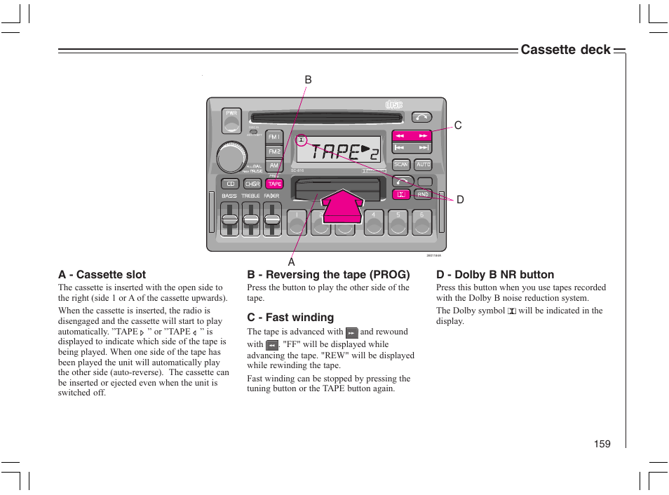 Cassette deck, B - reversing the tape (prog), C - fast winding | D - dolby b nr button, A - cassette slot | Volvo 2005 C70 User Manual | Page 165 / 210