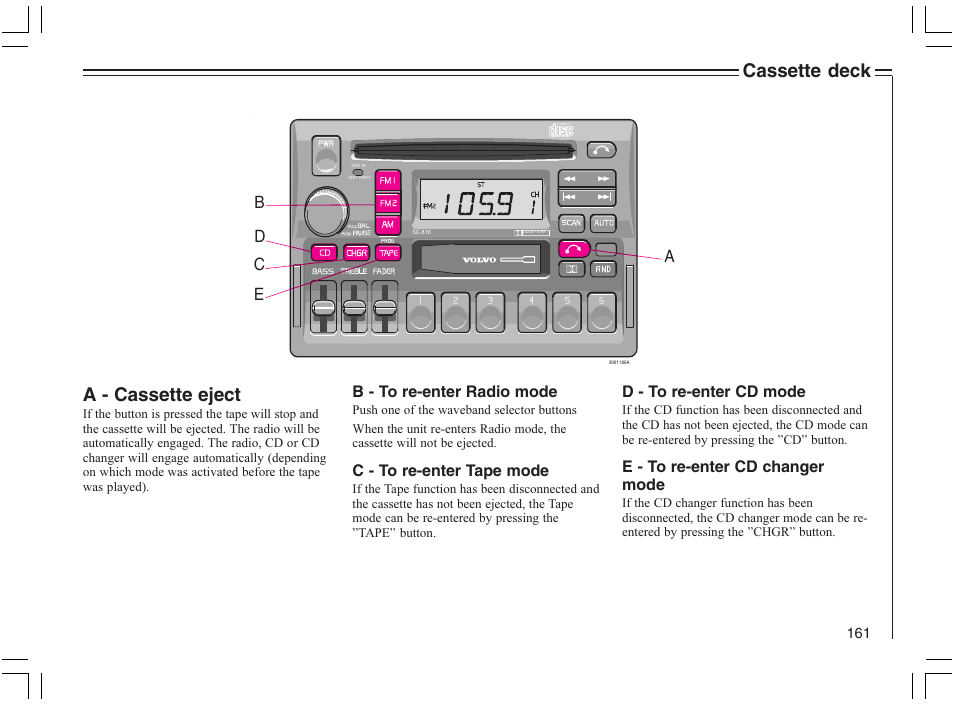 Cassette deck a - cassette eject, Ce d b | Volvo 2005 C70 User Manual | Page 167 / 210