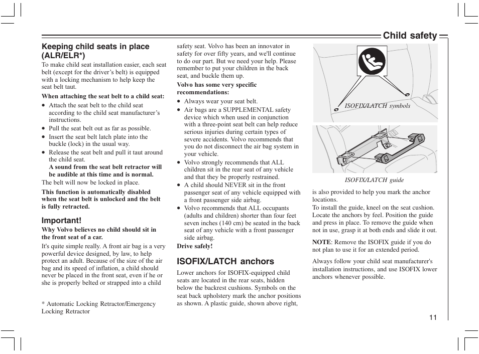 Child safety, Isofix/latch anchors | Volvo 2005 C70 User Manual | Page 17 / 210