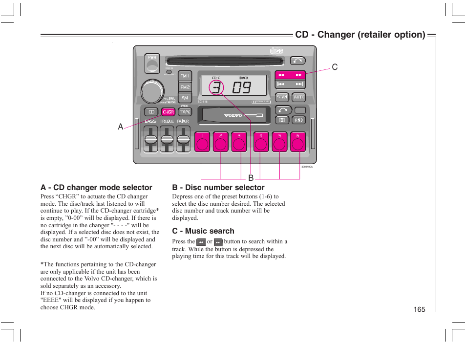 Cd - changer (retailer option), A - cd changer mode selector, B - disc number selector | C - music search | Volvo 2005 C70 User Manual | Page 171 / 210
